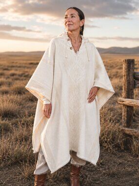 100% Andean Wool Hooded Poncho Natural Ivory Handwoven Unisex Pullover Coat